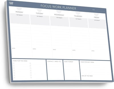 Werk Planner Pad - Weekplanner Bureauonderlegger - Productiviteit Verhoging - Ongedateerde Vellen - A4 Formaat - Grijs Blauw