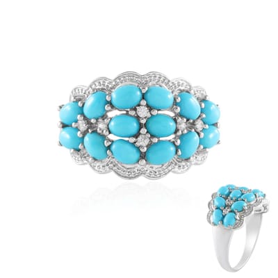 Cavill - Zilveren Ring Geplatineerd - 925 Sterling Zilver - 14 Sleeping Beauty Turkooisen 2,056 ct - 6 Zirkonia 0,12 ct - Vintage Stijl Ovaal Cabochon
