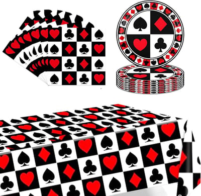 POPOYU Casino poker, 37-delige partyserviesset, casino poker, verjaardagsdecoratie met borden, servetten, tafelkleden, casino poker, decoratie, servies, feestaccessoires voor jongens en meisjes
