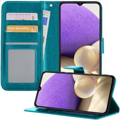 Hoesje - Met Pasjeshouder - Geschikt voor Samsung Galaxy A32 4G - Luxe Bookcase Portemonee - Flip Case - Kunstleer Book Case - Flipcase - Book Cover - Walletcase - Portemonneehoes - Telefoonhoesjes - Turquoise