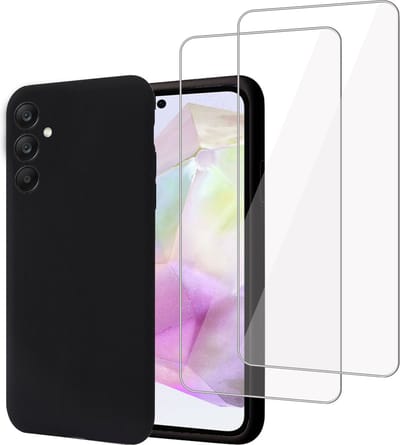 Geschikt voor Samsung Galaxy A35 - Hoesje + 2x Screenprotector – Gehard Glas Cover - Suède Case Zwart