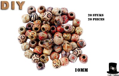 Bob Online ™ - 20 Stuks – Mixed Setje – 10mm Ronde Bedrukte Houten Kralen met ca. 2,5 mm Gaatje Diameter – 20 Pcs Round Printed Wooden Beads 10mm with threading hole diameter ± 2,5 mm – Houten Hobby Kralen – Haarkralen voor Vlechten – Hair Braiding