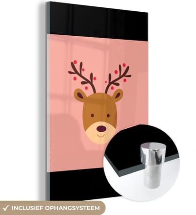 MuchoWow® Glasschilderij 120x180 cm - Schilderij acrylglas - Rendier - Kerst - Roze - Kerstmis - Winter - Foto op glas - Schilderijen
