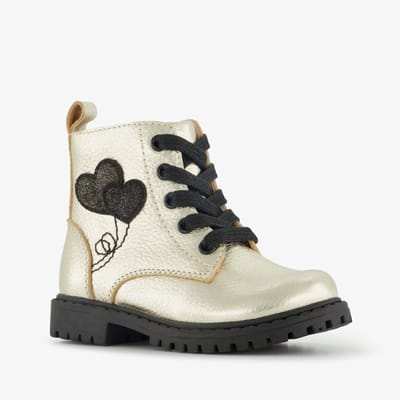 Stap leren meisjes veterboots met hartjes goud zwart - Maat 20