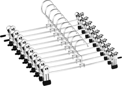 TopHangers [Set van 10] - Stevige metalen knijperhangers met verschuifbare knijpers voorzien van zwarte anti-slip