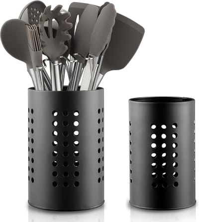 Keukengerei Houder - Keukenorganizer - TENZHVXI® - Veelzijdige Organizer Voor Bestek En Spatels - Duurzaam Roestvrijstalen Design Met Zwarte Coating - Grote En Kleine Maat Set Van 2 Stuks - Ideaal Voor Moderne Keuken En Bar