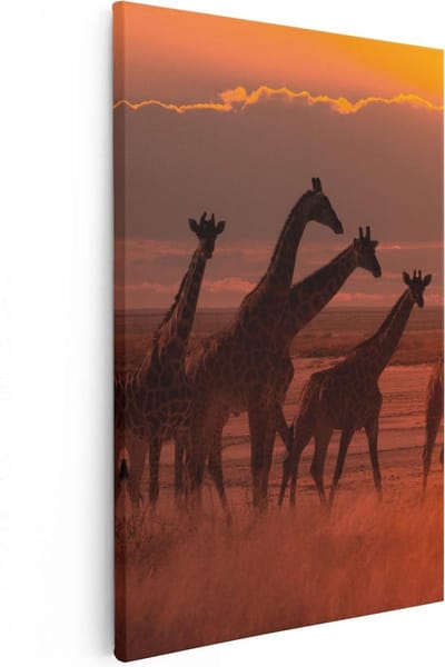 Artaza Canvas Schilderij Afrika - 20x30 cm - Klein - Wanddecoratie Giraffe - Muurdecoratie Zonsondergang - Kamer Accessoires Dieren