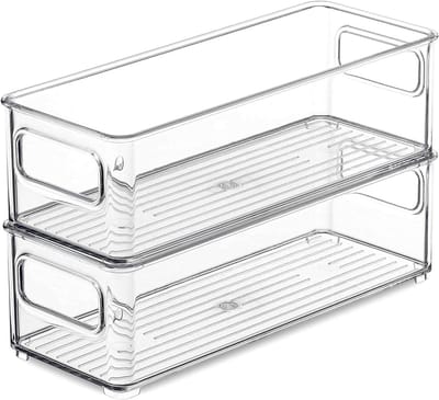 Set van 2 Stapelbare Koelkast Organizers, Transparante Dozen voor Keuken, Kast en Vriezer, 25.5 x 10 x 7.5 cm, Ideaal voor Opbergen en Ruimtebesparing