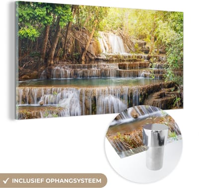 MuchoWow® Glasschilderij 40x20 cm - Schilderij acrylglas - Zon - Waterval - Landschap - Foto op glas - Schilderijen