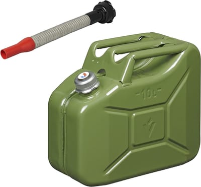 Metalen jerrycan legergroen voor brandstof met magnetische dop 10 liter incl. schenktuit 24 cm