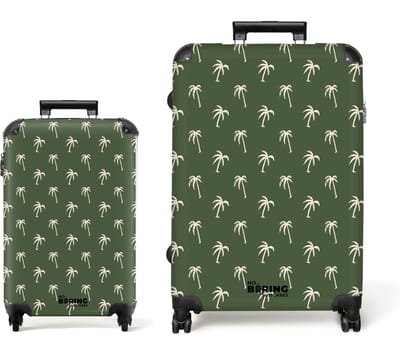 NoBoringSuitcases.com® - Kofferset 2 delig - Koffer lichtgewicht - Groen met beige palmbomen print - Reiskoffer set met 4 wielen - Handbagage trolley - Middelgrote rolkoffer - Ruimbagage koffer - Koffers met TSA slot