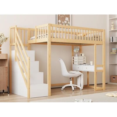 ModernLuxe Houten tussenbed 90x200cm - met tafel en opbergtrap - Naturel & Wit