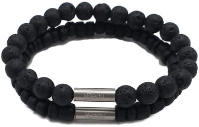 H-Beau - Duo – Cadeau - Set van 2 Handgemaakte Armbanden - Jongens - Armband - 6mm - lengte 15cm - Zwart - Natuurstenen - Natuurkralen - Lavasteen – Kokos – Hout - Kralen - RVS Kraal - Mat - Unisex