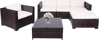 Springos Tuinset - 4 Delig - Stoelen - Bank - Tafel - Rotan - Hoekbank - Bruin/Crème