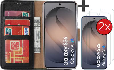Hoesje met 2 Stuks Screenprotectors Geschikt voor Samsung Galaxy S26 – Arara bookcase met pasjeshouder - Zwart