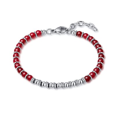 Twice As Nice Armband in edelstaal, rode kralen Zilverkleurig 18cm+3cm