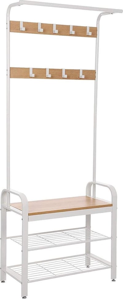 Nancy's Staand Garderoberek met Kapstok - Schoenenrek en Bank - Vintage Industrieel - Kapstokken - Bruin / Crème - 72 x 33,7 x 183 cm