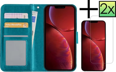 Hoesje - Met 2x Screenprotector - Geschikt voor Apple iPhone 14 - Luxe Pasjeshouder - Bookcase Portemonee - Flip Case - Kunstleer Book Case - Flipcase Hoes - Book Cover - Walletcase - Portemonneehoes - Turquoise