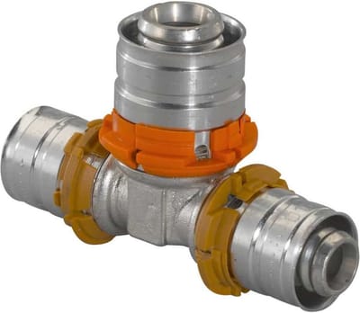 Uponor S-Press Plus verloop T-stuk 90� - pers x pers x pers - 25mm x 20mm x 16mm - messing - Kiwa