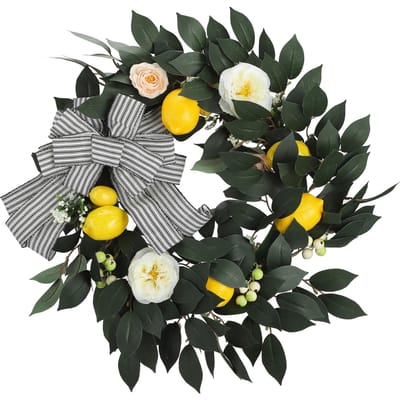 Zomer Geel Citroen Rozen Krans Voordeur Kunstmatige Lente Bloemen Groen Krans Rustiek black