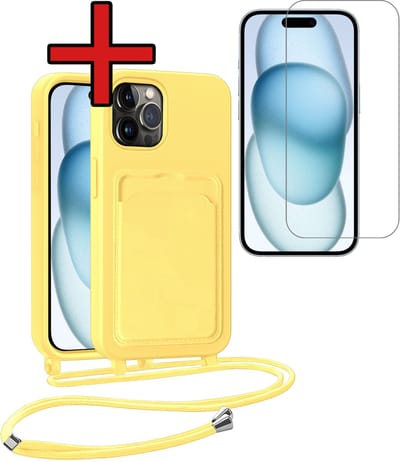 Hoesje Geschikt voor iPhone 14 Pro Hoesje Met Telefoonkoord en Pasjeshouder Met Screenprotector Siliconen - Hoes Geschikt voor iPhone 14 Pro Hoesje Met Kaarthouder Case - Geel