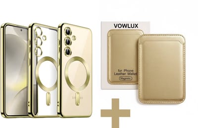 VOWLUX® Compatible Samsung Galaxy S25 hoesje van schokbestendig siliconen met camera lens Protector bescherming + Compatible MagSafe QuickWallet pasjeshouder – 24 magneten extra sterk – max 3 pasjes – kunstleer – Goud