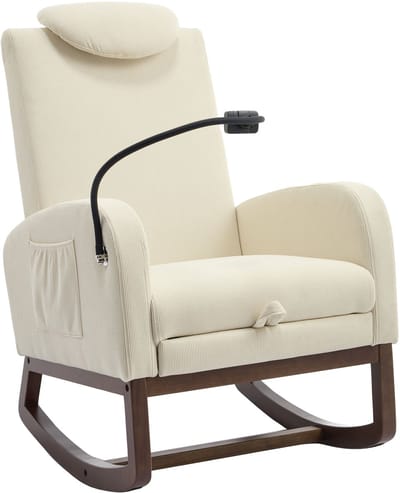 Merax Multifunctionele Schommelstoel – Relaxstoel met Hoofdsteun – Uitschuifbare Voetsteun – Cordstof – Opbergtas – Telefoonhouder – Houten Frame – Beige