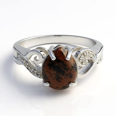 Cavill - Zilveren ring 925 Sterling - Peervormige mahonie obsidiaan 1,66 ct + witte topaas 0,023 ct - Elegante dames- en herenring maat 17