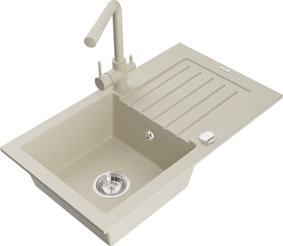 Mexen Pablo granieten gootsteen 1-kompartment met afdruiprek en Duero keukenkraan, beige - 6510-69-671600-69