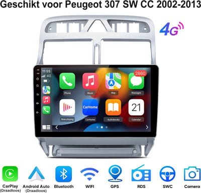 Junsun Carplay Autoradio Geschikt voor Peugeot 307 SW CC 2002-2013 - 6GB+128GB - Draadloze Andriod Auto - Bluetooth - GPS-navigatiesystem - Stuurwielbediening - WiFi - 9 inch Touchscreen - DSP - RDS - 4G LTE