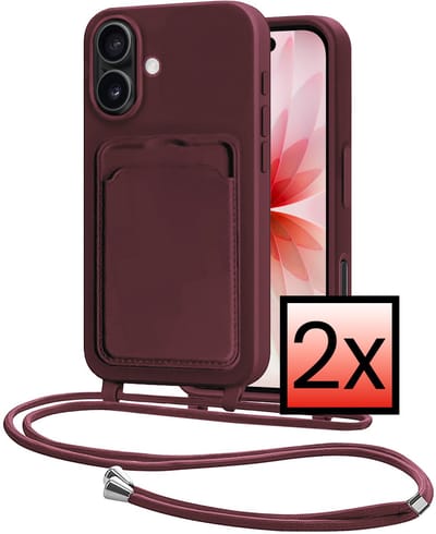 Hoes Geschikt voor iPhone 17 Hoesje Pasjeshouder Cover Met Koord Case Siliconen Hoes Met Telefoonkoord en Kaarthouder - Aubergine - 2 PACK