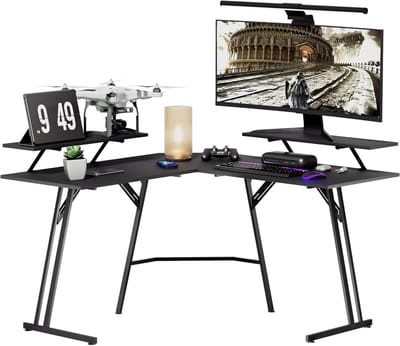 120 x 50 cm L-vormig Computerbureau met Hoektafelblad en Verwijderbare Monitorplank Ergonomische Gamingtafel Draagvermogen tot 100 kg voor Kantoor, Studeerkamer NAIZY