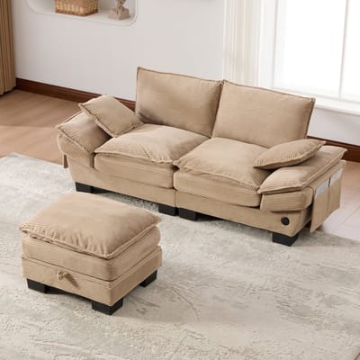 DESMIU Zitbank 190 x 132 cm - 2-Zits Met Hocker, USB-C En Zijvakken - Voor Woonkamer, Kantoor Of Lounge - Corduroy - Khaki