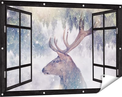 Gards Tuinposter Doorkijk Hertenkop - Hert op een Bomen Achtergrond - 120x80 cm - Tuindoek - Tuindecoratie - Wanddecoratie buiten - Tuinschilderij