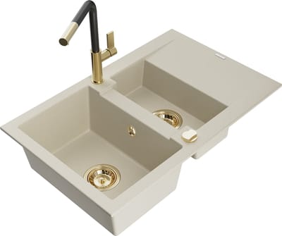 Mexen Gaspar granieten gootsteen 1,5-kamers met afdruiprek en keukenkraan Flora, beige - 6507-69-670401-57-G
