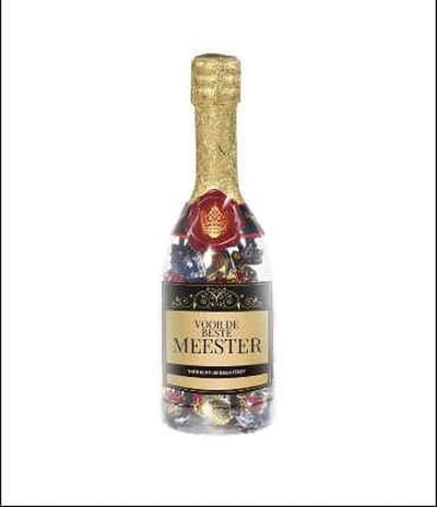 Drop - Champagnefles - Voor de beste Meester - Gevuld met Drop - In cadeauverpakking met gekleurd lint