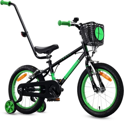 Sun Baby Kinderfiets 16 Inch LOVEL Fiets voor Jongen 4-6 Jaar, Max 50 kg - zijwieltjes, mandje, bel, kettingkast, duwstang - Zwart-Groen