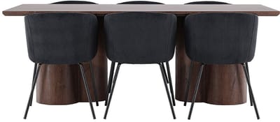 Olivia eethoek tafel 100x210cm en 6 fluwelen stoelen met armleuningen mocca.