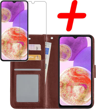 Hoesje Met Screenprotector - Geschikt voor Samsung Galaxy A23 - Luxe Pasjeshouder - Bookcase Portemonee - Flip Case - Kunstleer Book Case - Flipcase - Book Cover - Walletcase - Portemonneehoes - Bruin