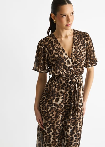 Bruine chiffon midi-jurk met dierenprint en lurexstrepen