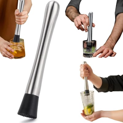 Roestvrijstalen Cocktail Muddler - Bar Stamper Fruit - Cocktails Maken - Ergonomisch Ontwerp - 20 cm - Zilver Zwart