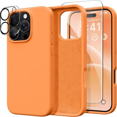 Stravo Siliconen Hoesje geschikt voor iPhone 16 Pro Max , Oranje, Met 1X Screenprotector + 1X Cameralensbeschermer, [Zachte Krasbestendige Microvezelvoering], Vloeibare Siliconen Schokbestendige Beschermende Telefoonhoes 6.7"