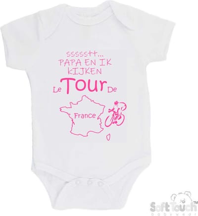 100% katoenen Romper "ssssstt... Papa en ik kijken Le Tour De France" Wielrennen Papa Vaderdag Katoen Wit/roze Maat 68/74