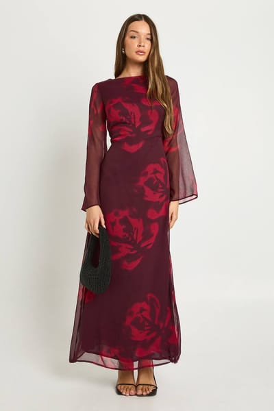 boohoo Dames Bloemen slipjurk met lange mouwen | Bordeaux Rood | Maat: 42