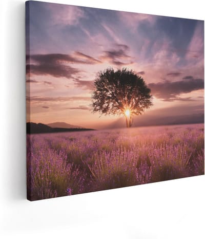 Artaza Canvas Schilderij Lavendelveld - 100x80 cm - Groot - Wanddecoratie Boom - Muurdecoratie Zonsondergang - Schilderijen Op Canvas Bloemen