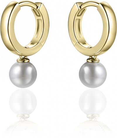Infinitois - I02E004Y - Oorbellen - Oorringen - Glad met scharnier en beweegbare Parel onder de oorring - 13.5mmØ - 6mm breed - Geelgoud Verguld Zilver 925