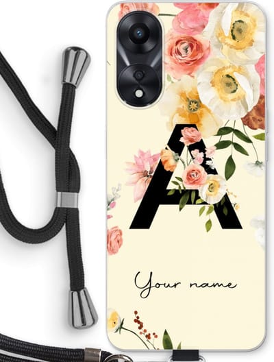 Gepersonaliseerd - Case Company® - Hoesje met koord geschikt voor Oppo A78 5G hoesje met Koord - Flirty Flowers Monogram - Telefoonhoesje met Zwart Koord - Bescherming aan alle Kanten en Over de Schermrand