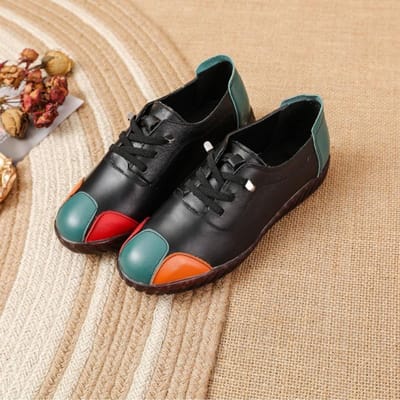 Ronde Neus Toplaag Koeienhuid Rubberen Zool Moederschoenen Kleurblok Zachte Zool Antislip Vetersluiting Cover Nieuwe Stijl 41