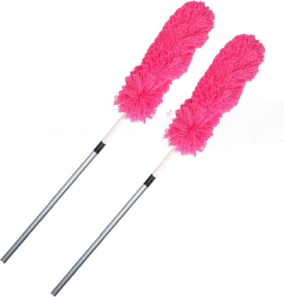 Set van 2x stuks microvezel plumeau/duster met telescoopsteel roze 75 - 150 cm - Huishuidelijke producten/schoonmaken/afstoffen