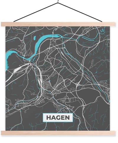Posterhanger incl. Poster 120x120 cm - Schoolplaat - Duitsland – Blauw – Hagen – Stadskaart – Kaart – Plattegrond - Textielposter - Blanke latten - Stadskaart